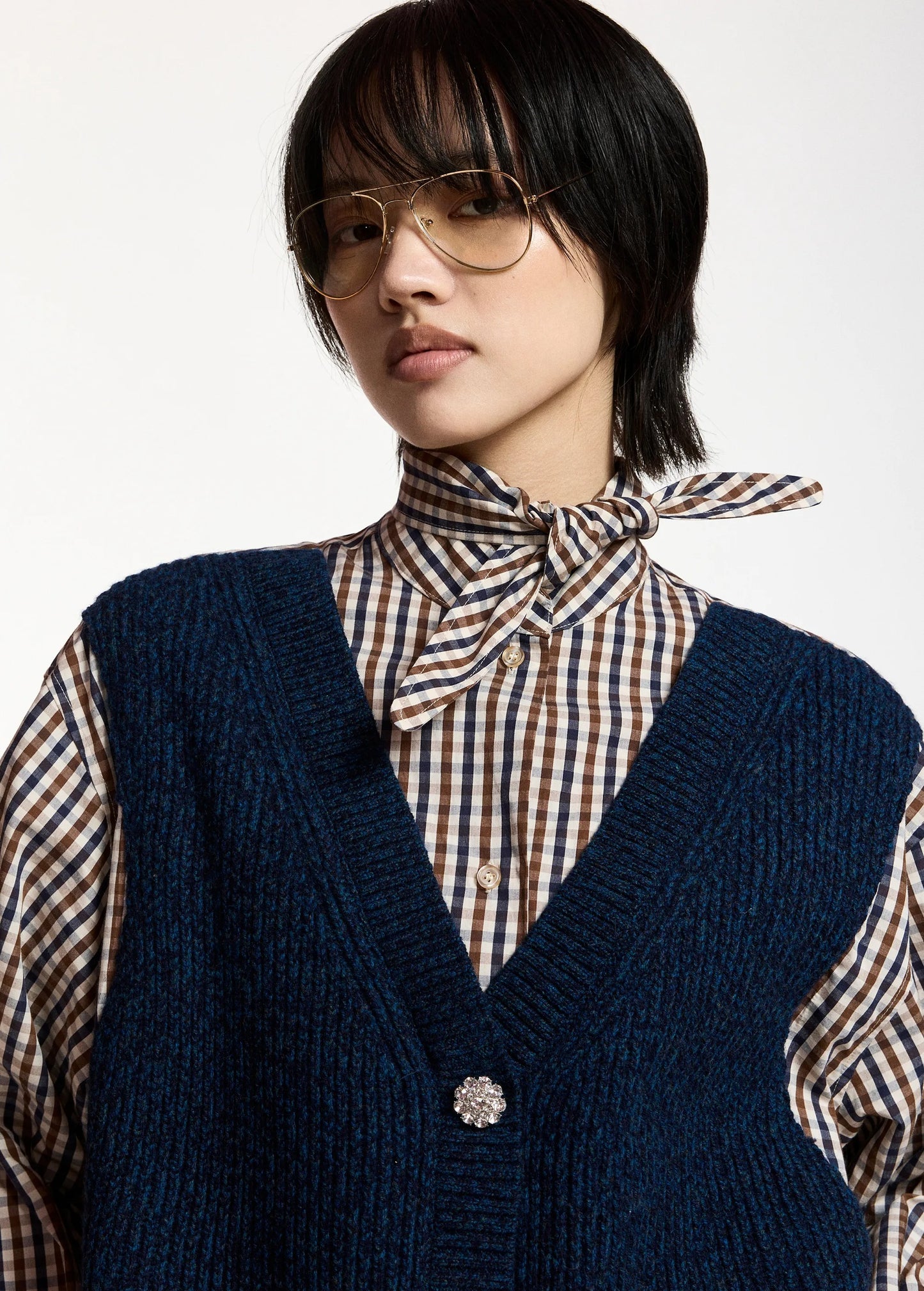 Checked Layered Mix Vest Shirt Shirt in Brown & Navy