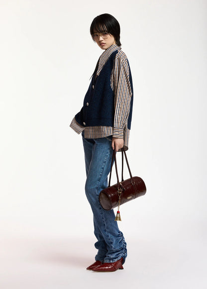 Checked Layered Mix Vest Shirt Shirt in Brown & Navy