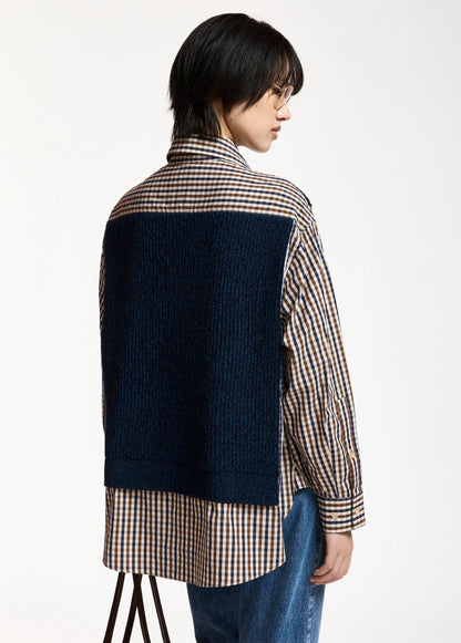Checked Layered Mix Vest Shirt Shirt in Brown & Navy