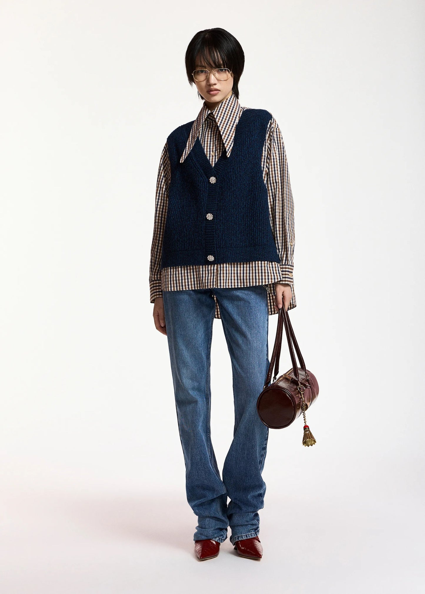 Checked Layered Mix Vest Shirt Shirt in Brown & Navy