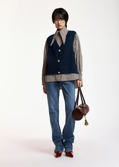 Checked Layered Mix Vest Shirt Shirt in Brown & Navy
