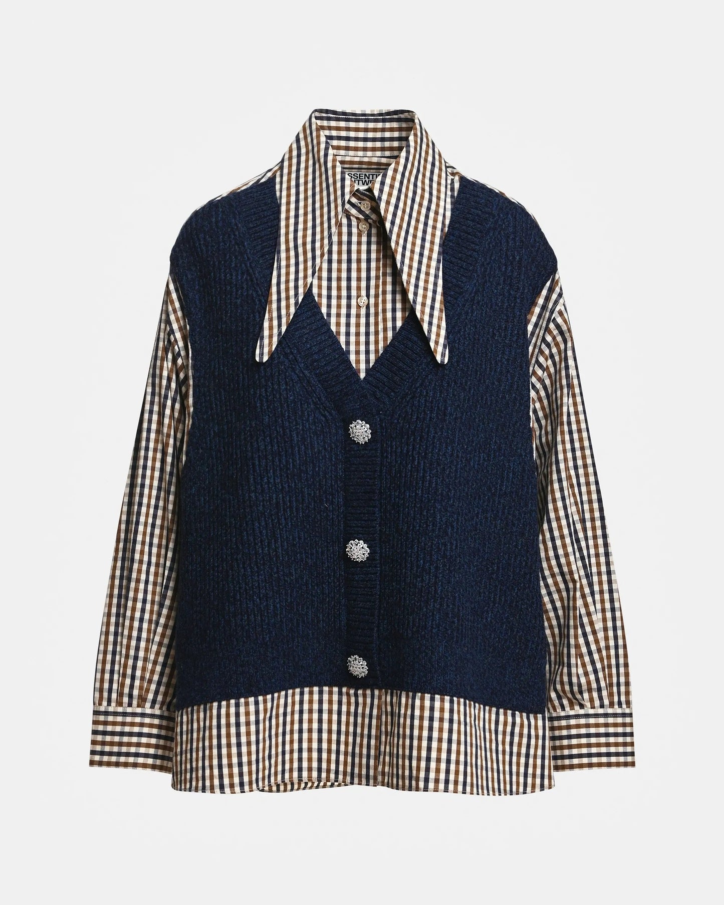 Checked Layered Mix Vest Shirt Shirt in Brown & Navy