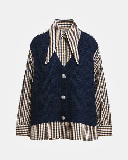 Checked Layered Mix Vest Shirt Shirt in Brown & Navy