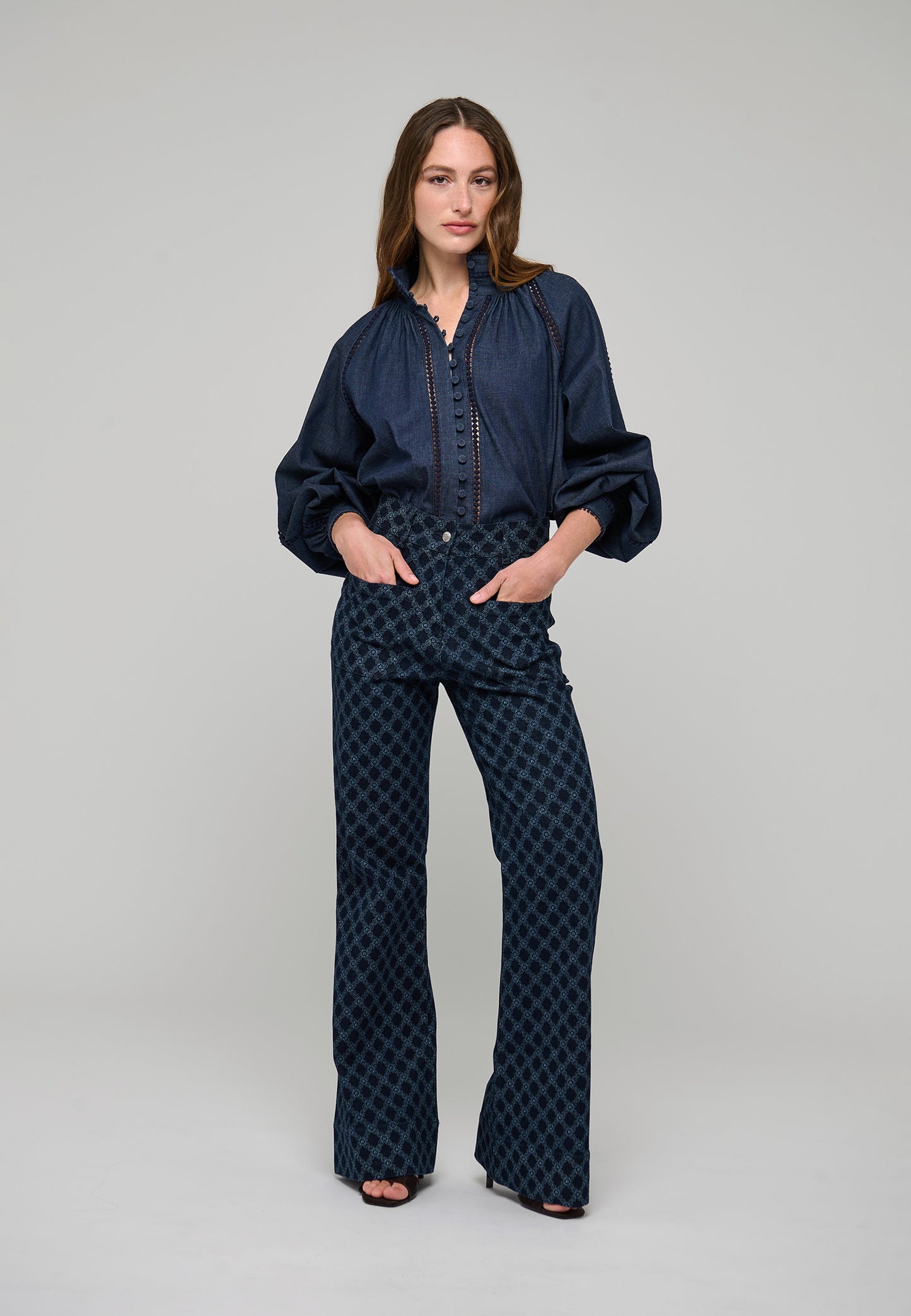 Monia Blouse with Stand Collar in Chambray Blue