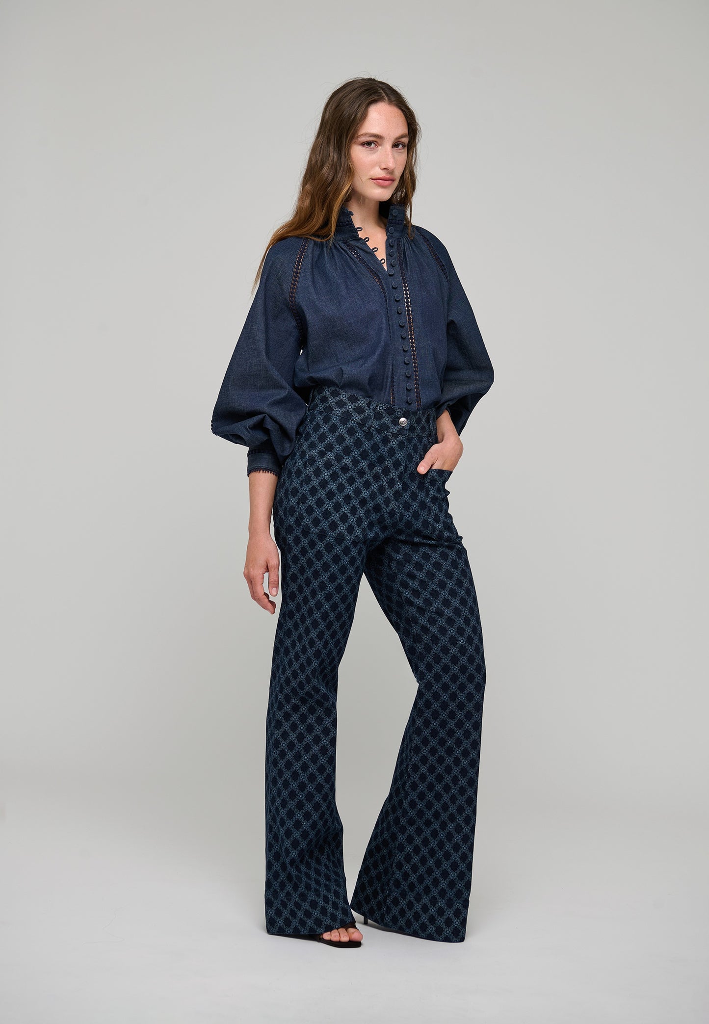 Monia Blouse with Stand Collar in Chambray Blue