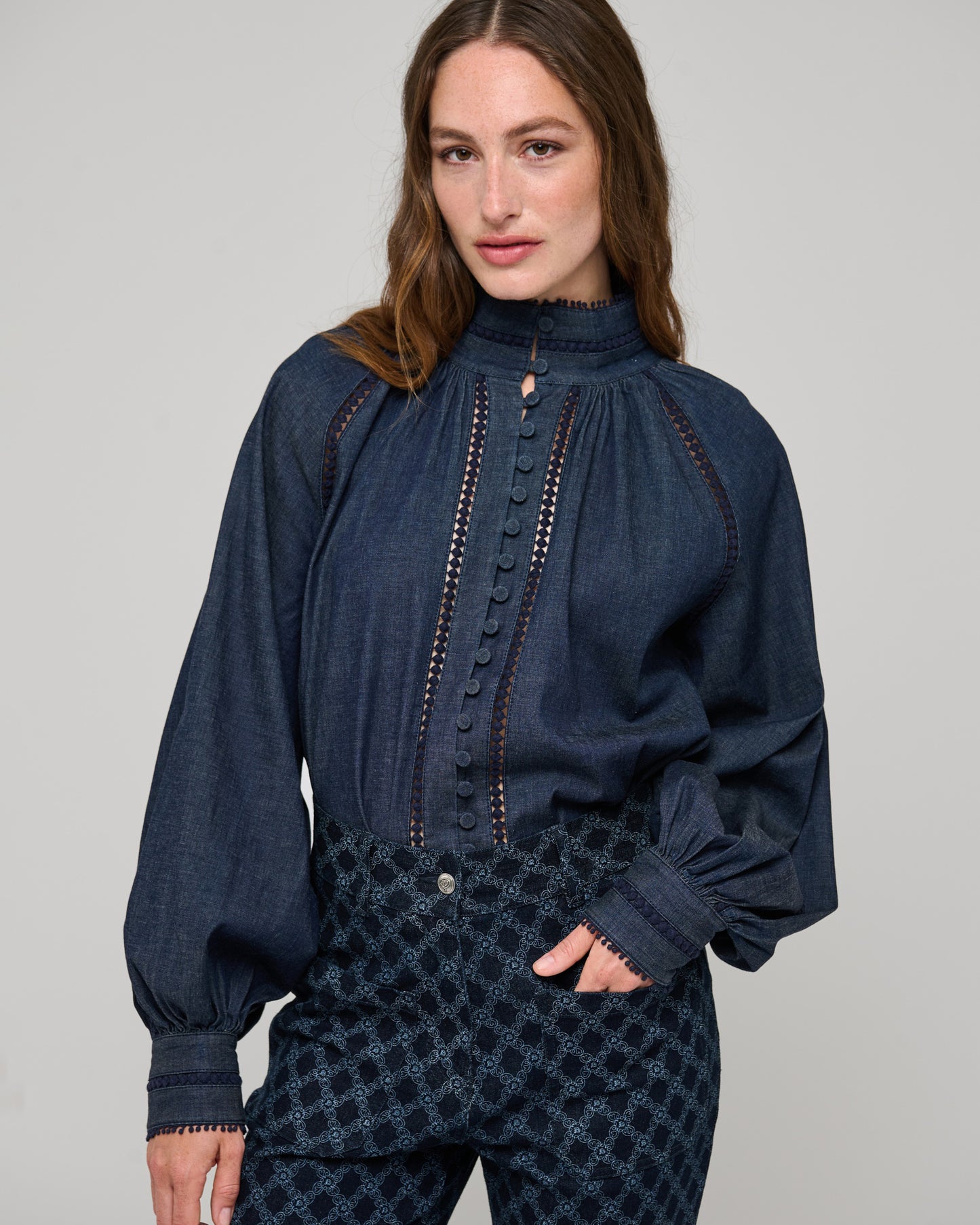 Monia Blouse with Stand Collar in Chambray Blue