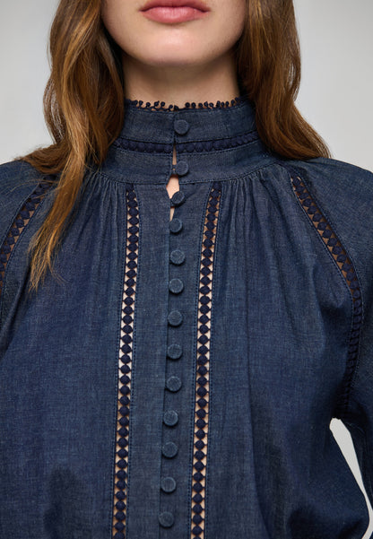 Monia Blouse with Stand Collar in Chambray Blue
