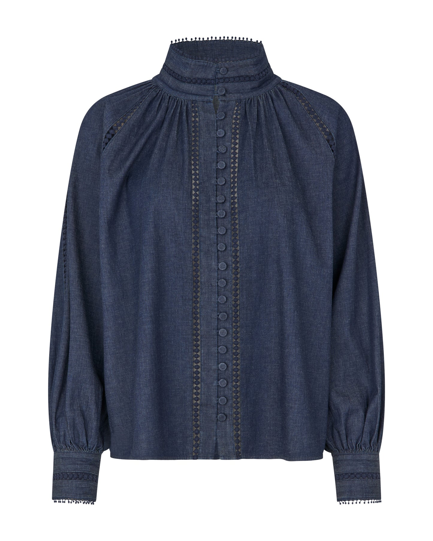 Monia Blouse with Stand Collar in Chambray Blue