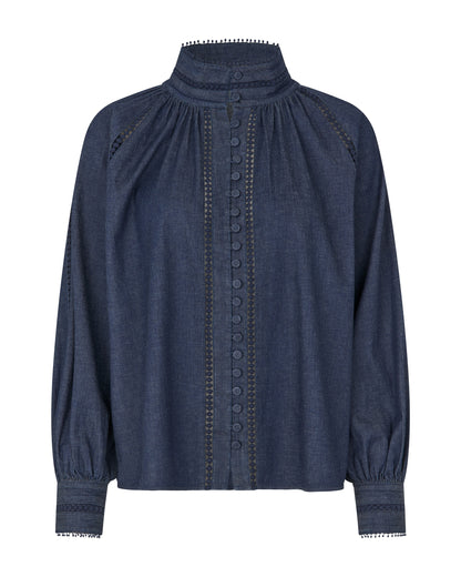 Monia Blouse with Stand Collar in Chambray Blue