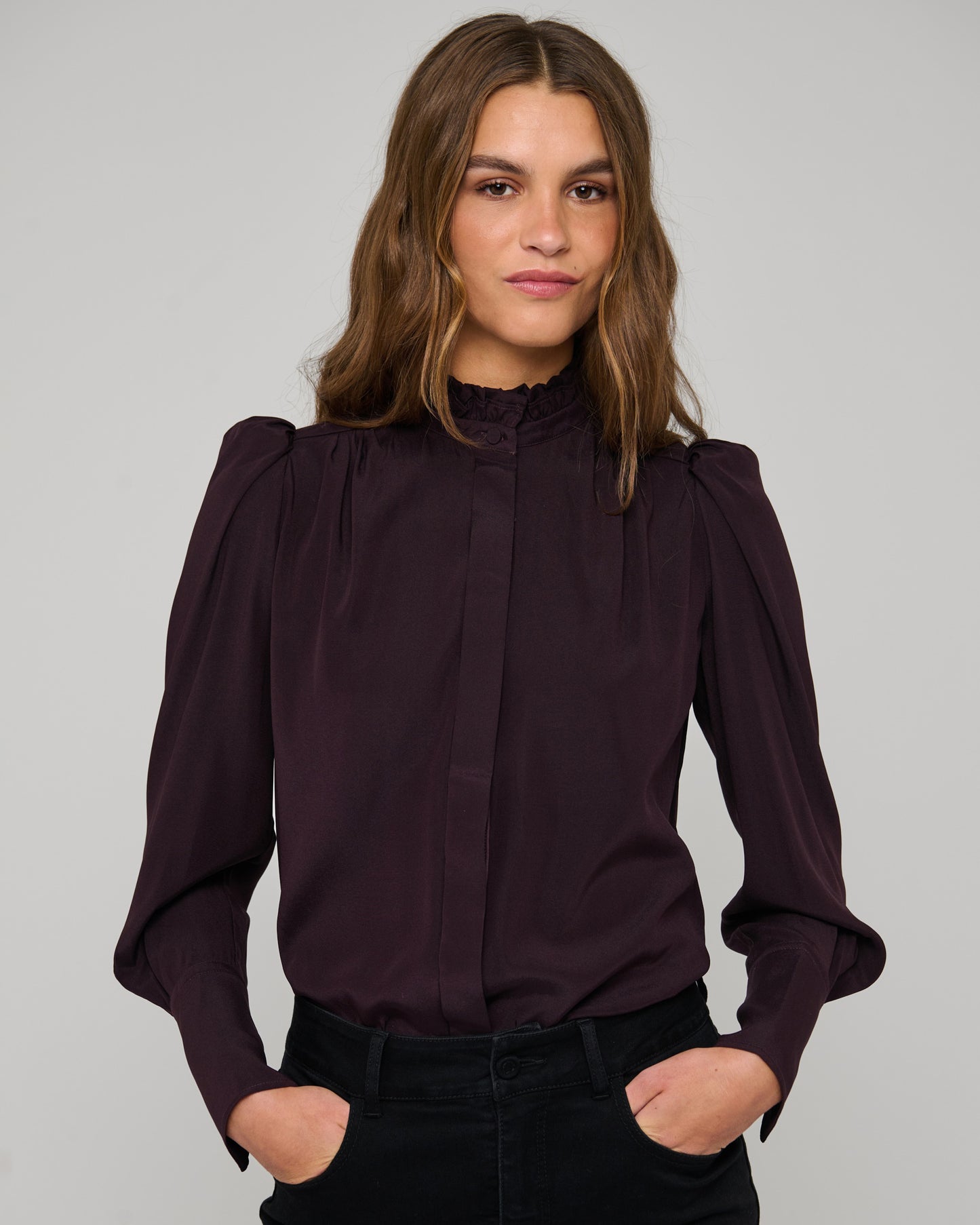 Roberta Shirt Blouse with Ruffle Details in Berry Wine