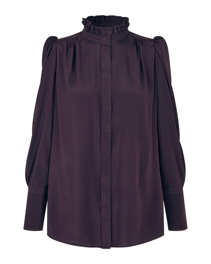 Roberta Shirt Blouse with Ruffle Details in Berry Wine