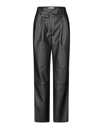 Black faux leather cropped pants with a straight-leg fit, pleated front, and seam detailing at the knees, shown on a plain white background.