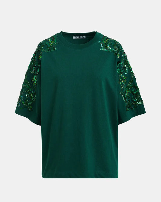 Dark green cotton T-shirt with floral sequin and bead-embellished embroidery