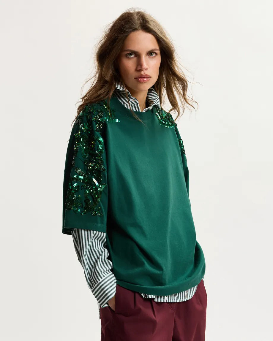 Dark green cotton T-shirt with floral sequin and bead-embellished embroidery