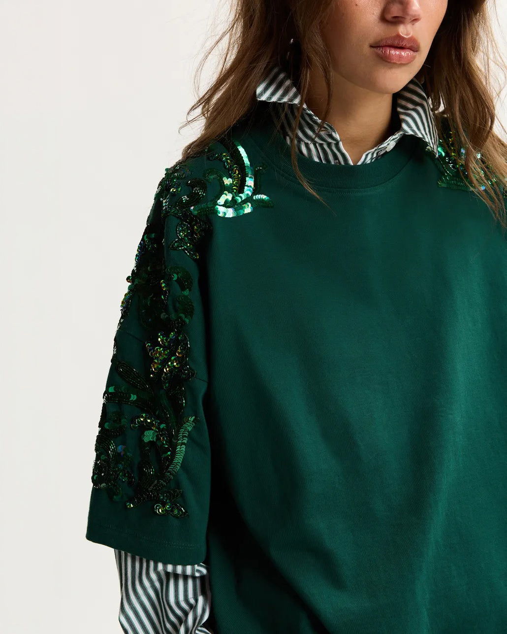 Dark green cotton T-shirt with floral sequin and bead-embellished embroidery