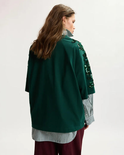 Dark green cotton T-shirt with floral sequin and bead-embellished embroidery