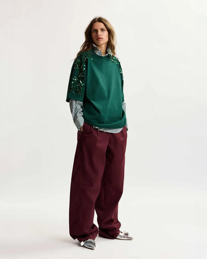Dark green cotton T-shirt with floral sequin and bead-embellished embroidery