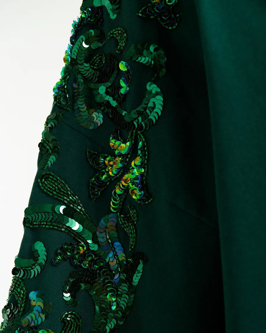 Dark green cotton T-shirt with floral sequin and bead-embellished embroidery