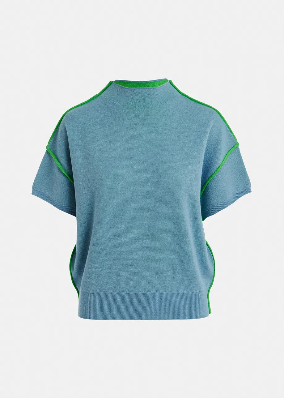 Blue Short Sleeve Sweater With Piping