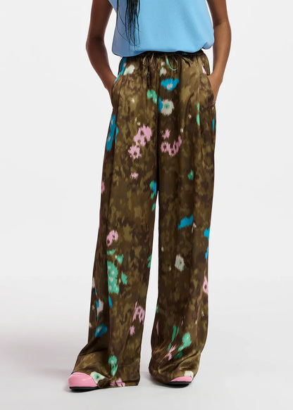 Khaki Floral Print Wide-Leg Pant