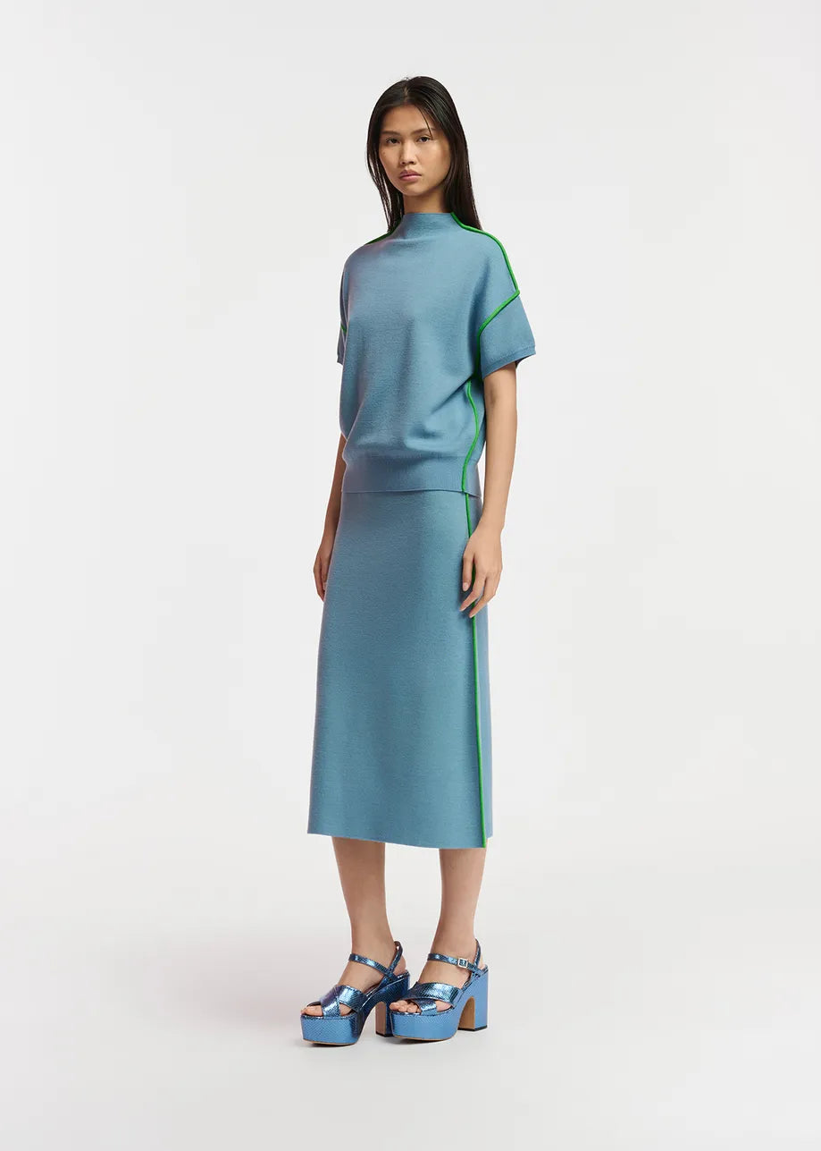 Blue Knitted Skirt With Piping