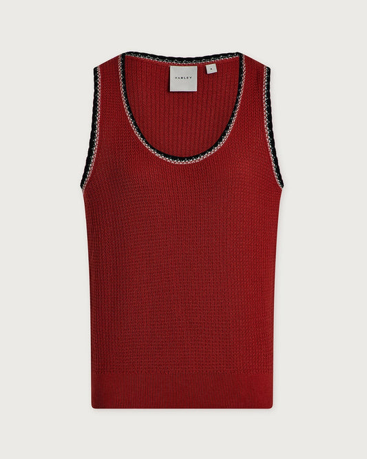 Red tank top with black trim on a white background