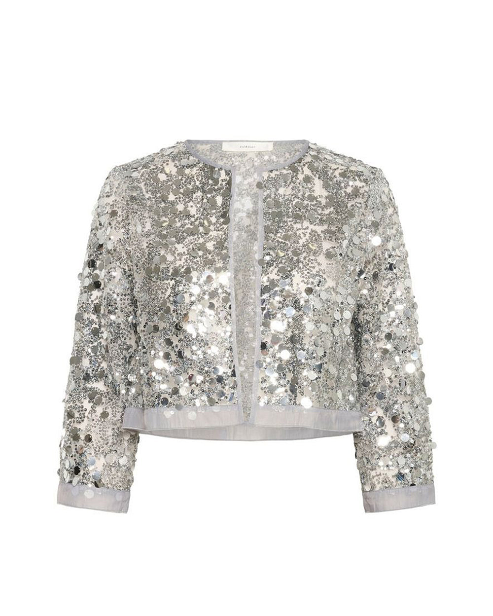 Silver sequin jacket on a white background