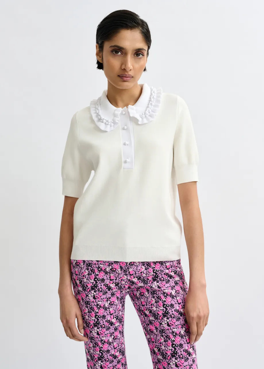 Jewelry Ruffle Polo - White
