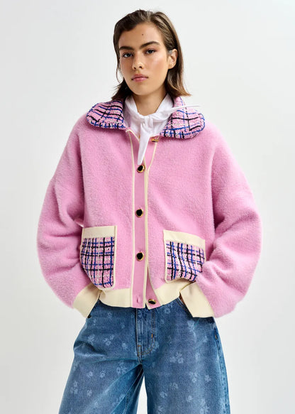 Joilu Tweed Collar Fuzzy Cardigan