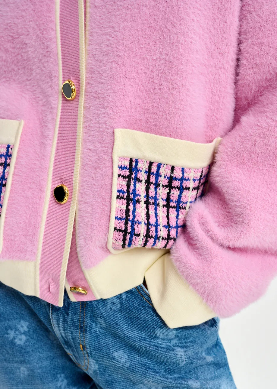 Joilu Tweed Collar Fuzzy Cardigan