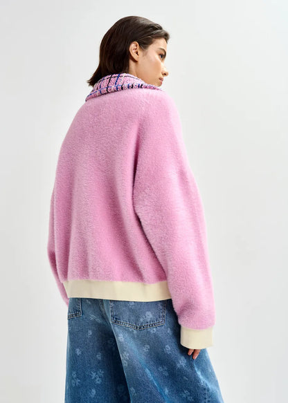 Joilu Tweed Collar Fuzzy Cardigan