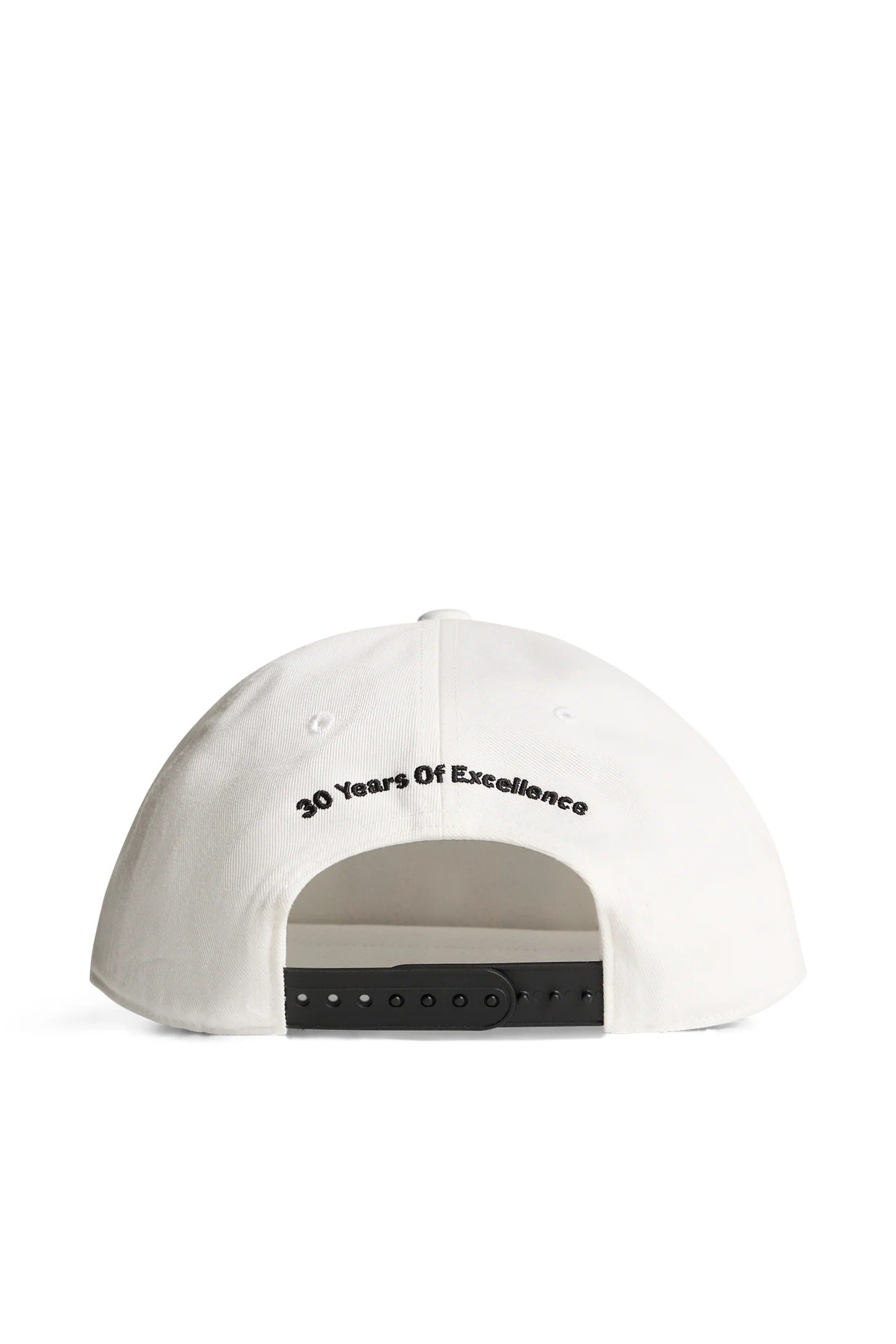 The back of a white baseball cap with '30 Years Of Excellence' embroidered in black on the crown, shown against a plain white background.