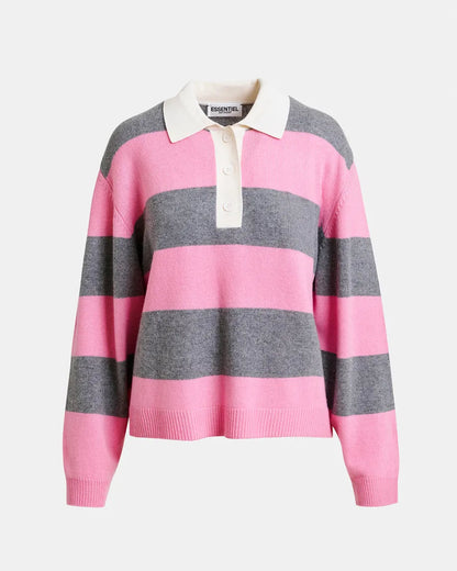 Pink and gray striped sweater with a white collar on a light gray background