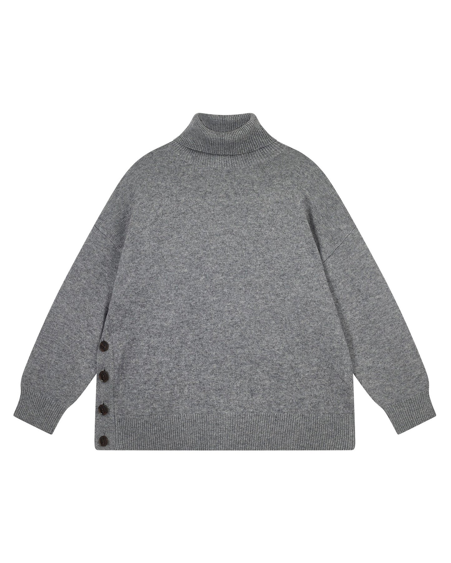 Cashmere Wool Button Roll Neck Grey