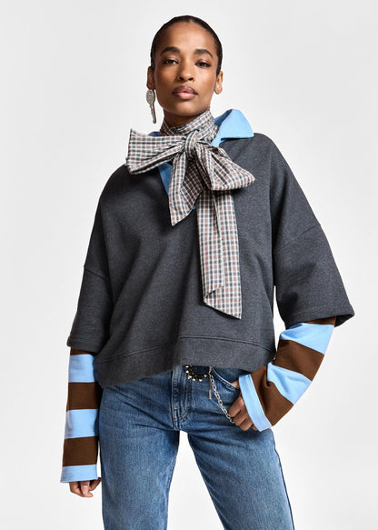 Kantelou Grey Layered Cotton Stripe Sleeve Sweatshirt