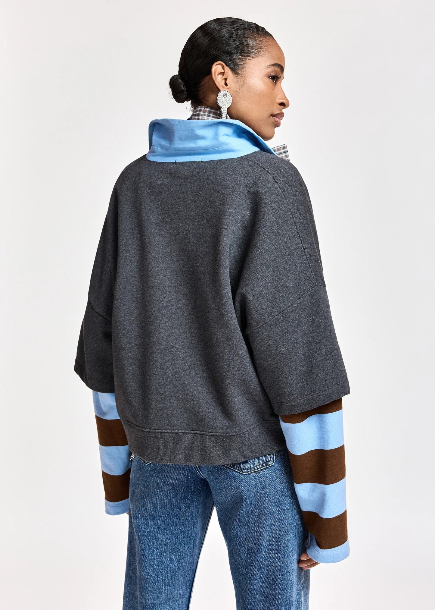 Kantelou Grey Layered Cotton Stripe Sleeve Sweatshirt