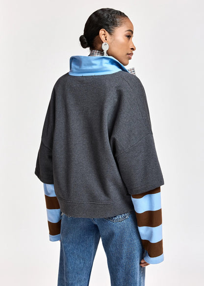 Kantelou Grey Layered Cotton Stripe Sleeve Sweatshirt
