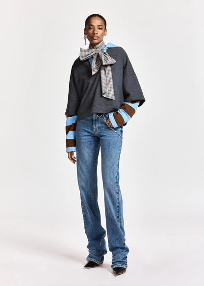 Kantelou Grey Layered Cotton Stripe Sleeve Sweatshirt