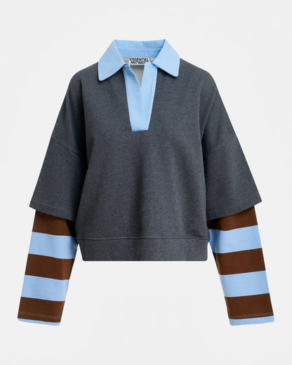 Kantelou Grey Layered Cotton Stripe Sleeve Sweatshirt