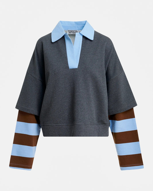 Kantelou Grey Layered Cotton Stripe Sleeve Sweatshirt