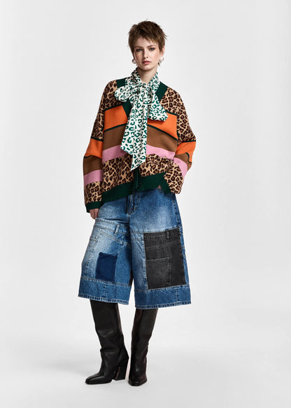 Kaudi Striped Leopard Print Knit Cardigan