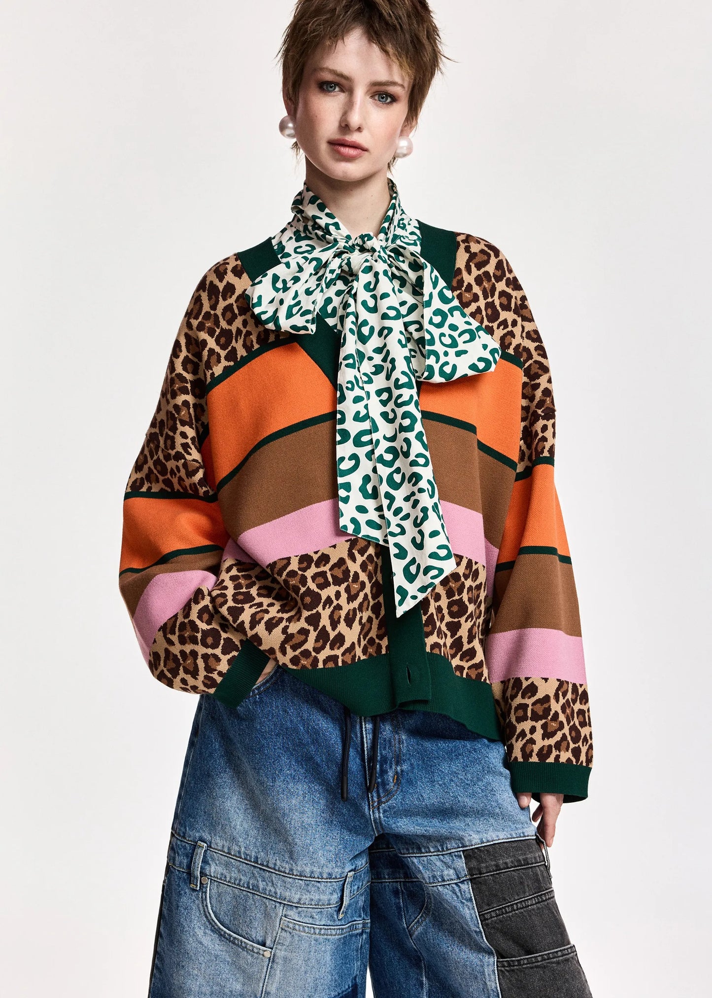 Kaudi Striped Leopard Print Knit Cardigan