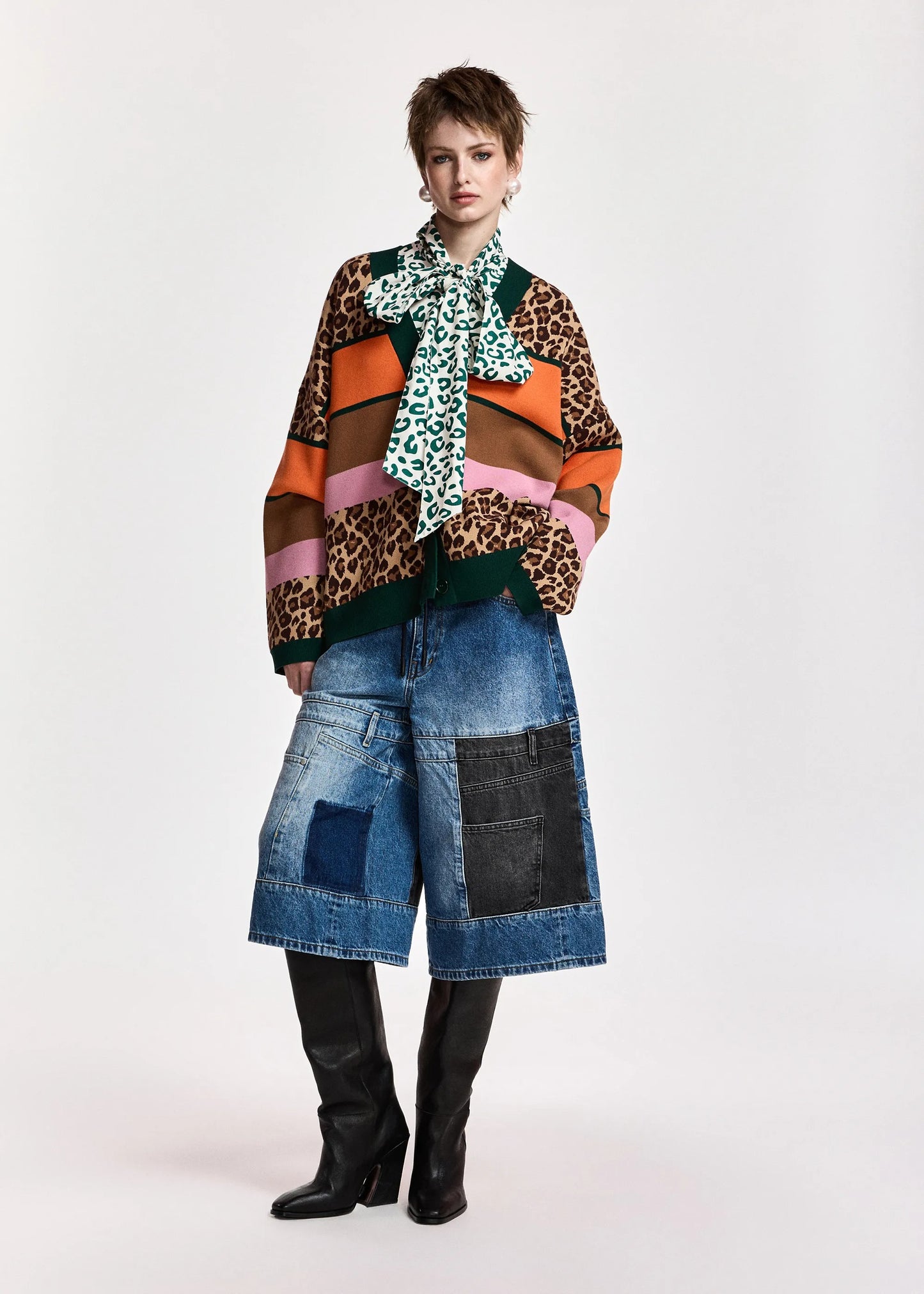 Kaudi Striped Leopard Print Knit Cardigan