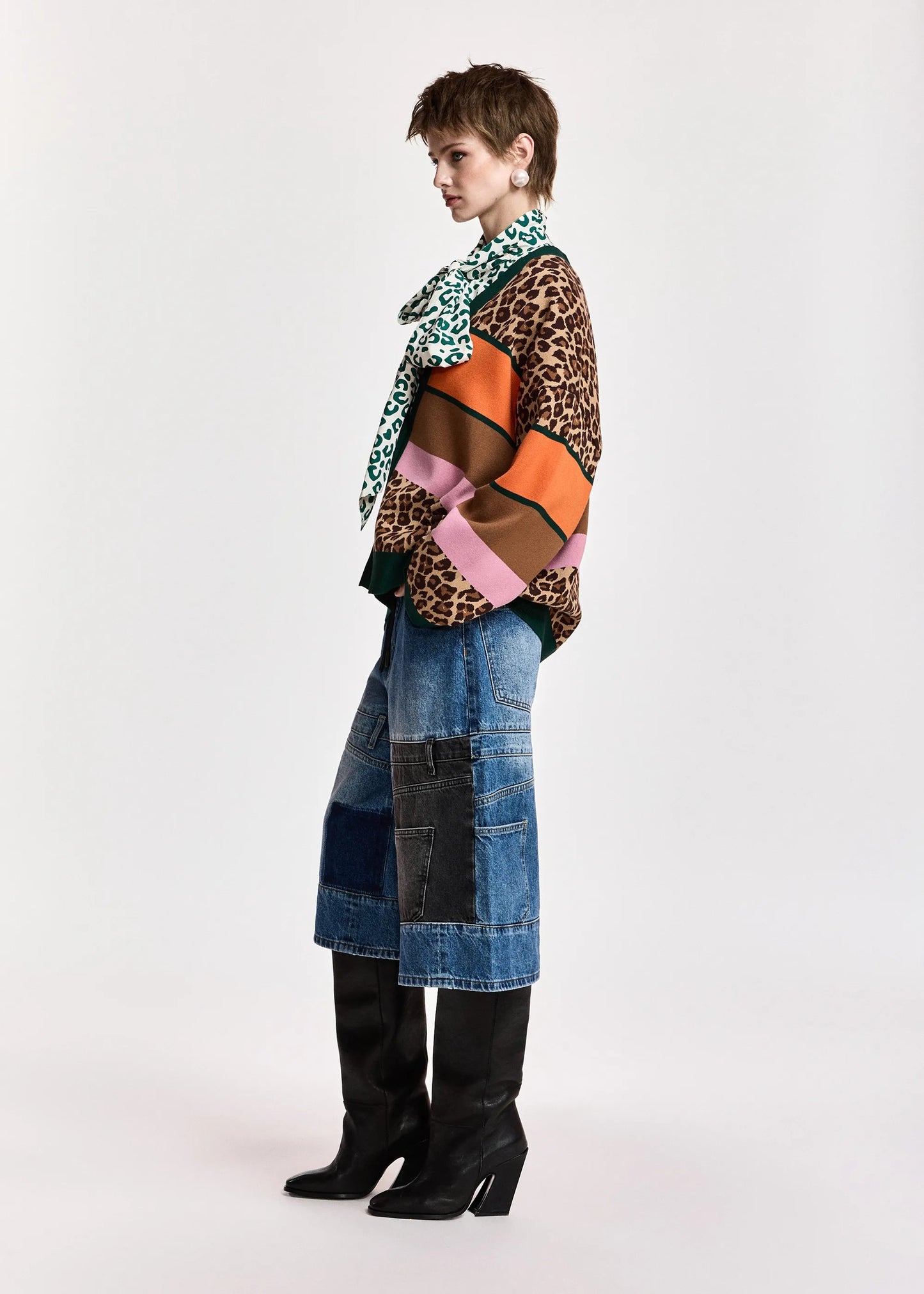 Kaudi Striped Leopard Print Knit Cardigan