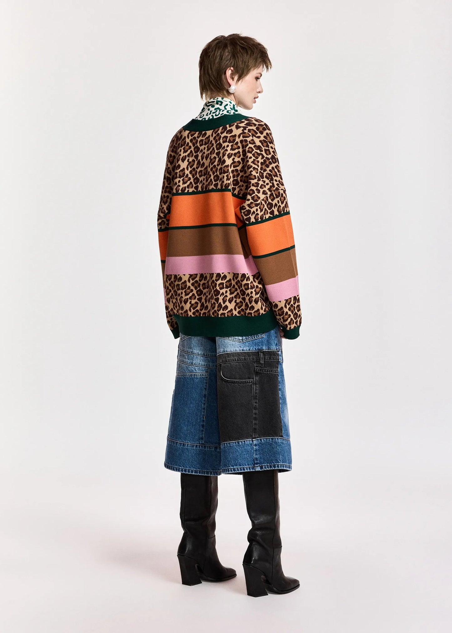 Kaudi Striped Leopard Print Knit Cardigan