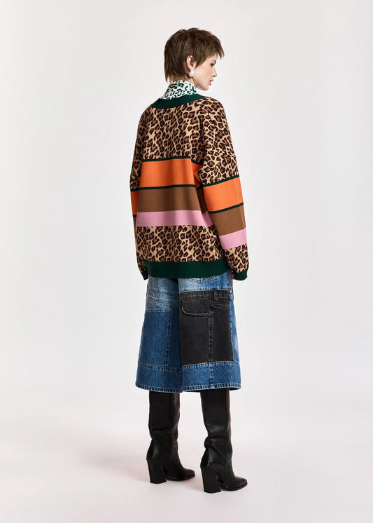 Kaudi Striped Leopard Print Knit Cardigan