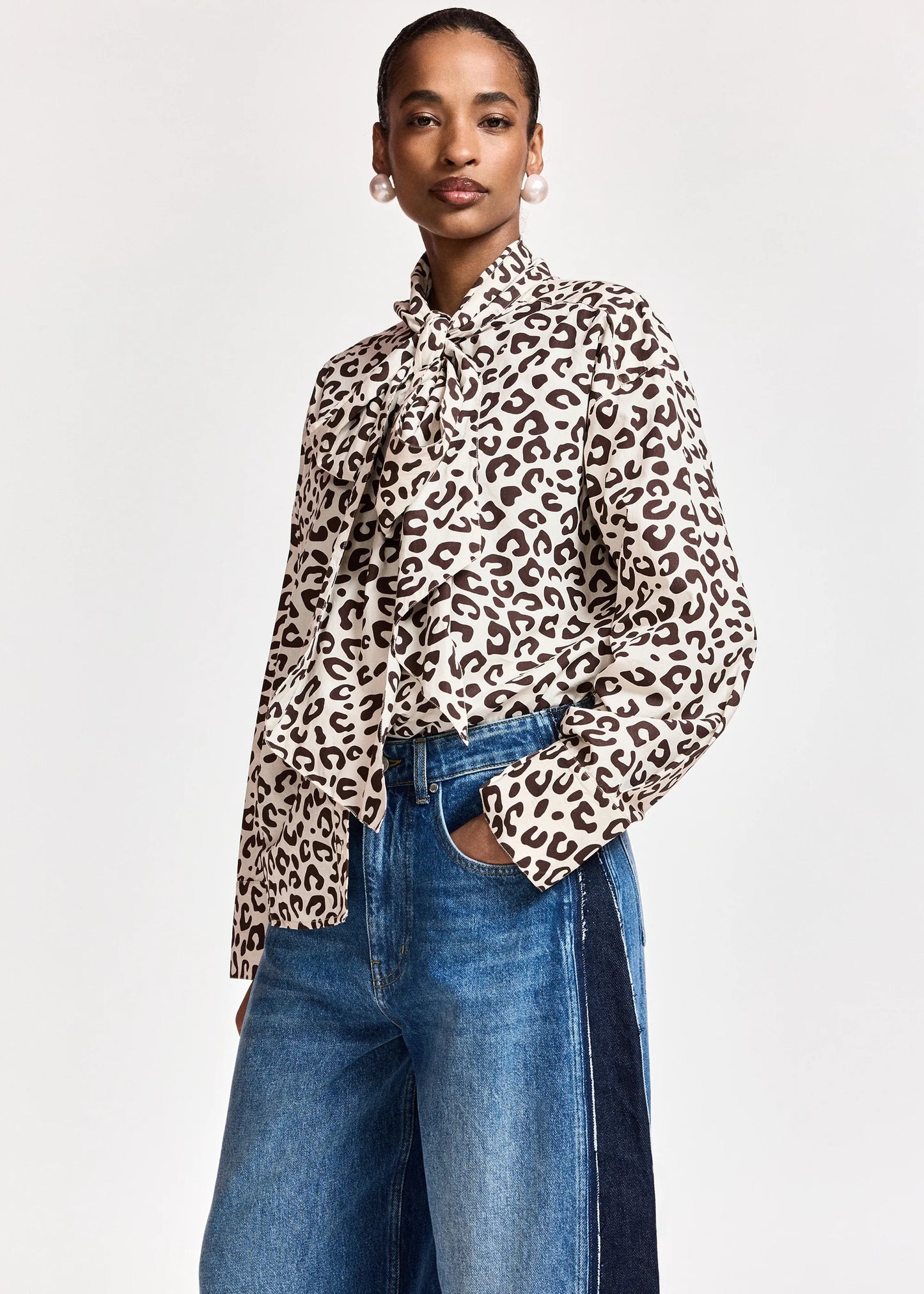 Khaleesi Pussy Bow Tie Shirt in Leopard Print