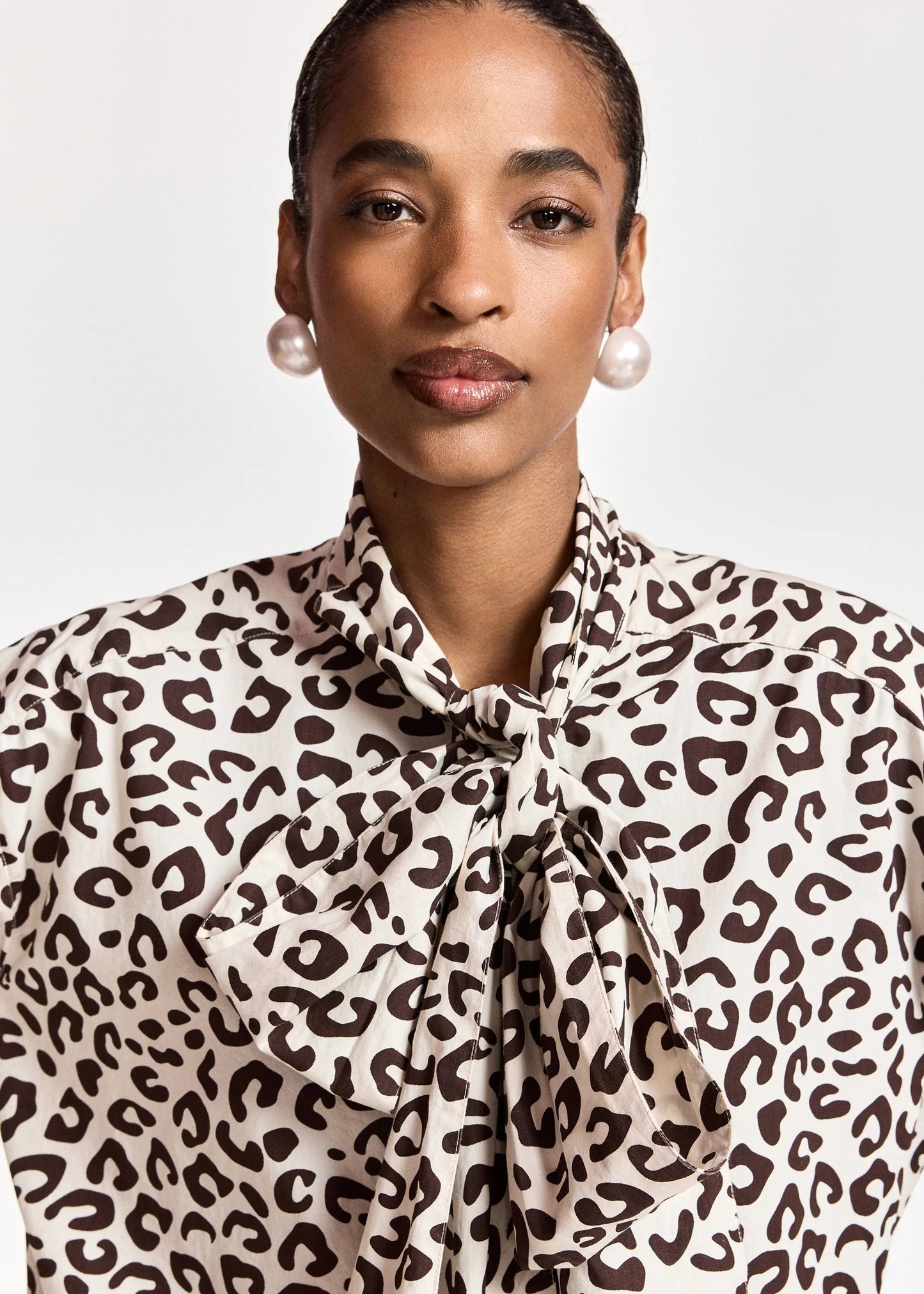 Khaleesi Pussy Bow Tie Shirt in Leopard Print