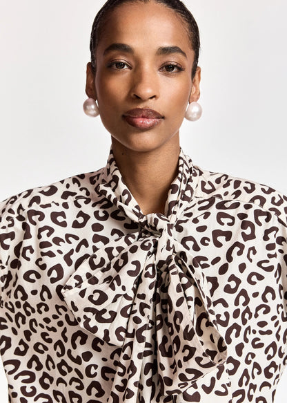 Khaleesi Pussy Bow Tie Shirt in Leopard Print