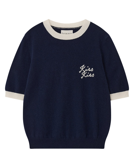 Kiss Kiss Ringer Cashmere T-Shirt Navy